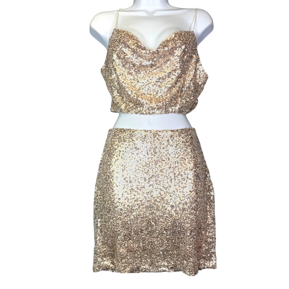 Y2K Champagne Gold Sequin 2 Piece Set Cowl Crop Top Mini Skirt L Neo Deco Rave
